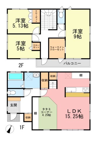  1�K��15.25���̍L�XLDK�ƃ^�^�~�R�[�i�[�A2�K�ɃE�H�[�N�C���N���[�[�b�g�t����9���m�����܂�3����z�u�B���[���[�����A�Ƒ��ł��������K�ɕ�点��Ԏ��ł��B